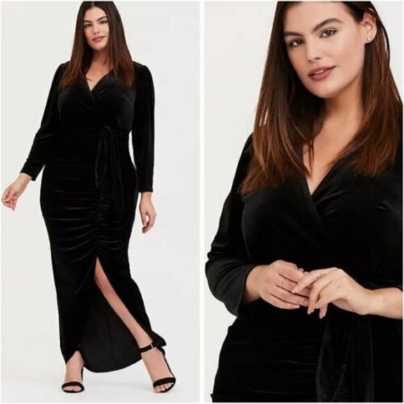 torrid Dresses & Skirts - Torrid Velvet Front Slit Maxi Dress Black Ruched Women's Plus Size 22 H13091